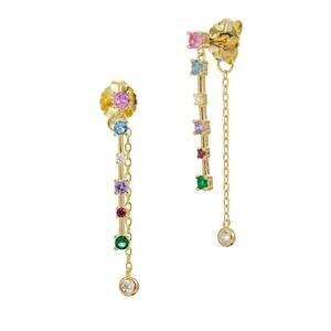925 Gold Plated Multicolor CZ Dangle Double Drop Colorful Gemstone Bar Studs